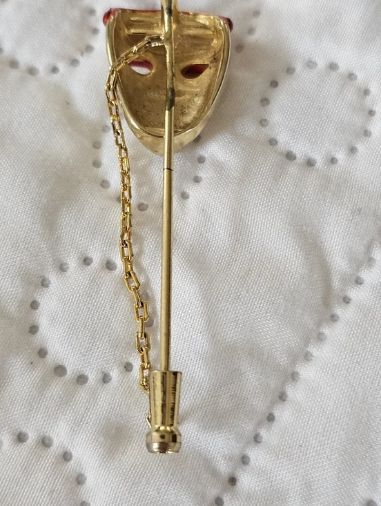 Vintage Gold Tone Comedy Tragedy Mask Stick Pin Red And Gold, 2.5" Theatercore - Picture 2 of 8
